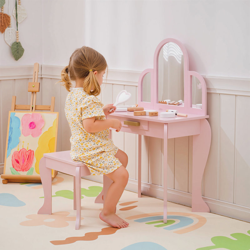 HOMCOM Kids Dressing Table and Stool w/Mirror, Drawer Ages 3-6 Years Pink