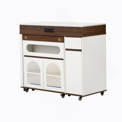 Extendable Dining Table With Extra-Long Folding Top, Rolling Kitchen Island With Drawers, Power Outlet And Brake Lock, Storage Cabinet For Kitchen And Dining Room (Walnut + Creamy White)