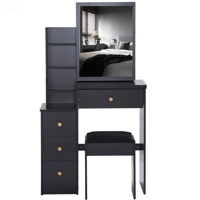 Table de chevet compacte 29,2 pouces avec tabouret rembourré, miroir coulissant et rangement multicouche pour les petits espaces