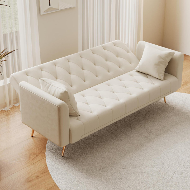 Soft and cosy tufted upholstered Futon Sofa, Beige Velvet