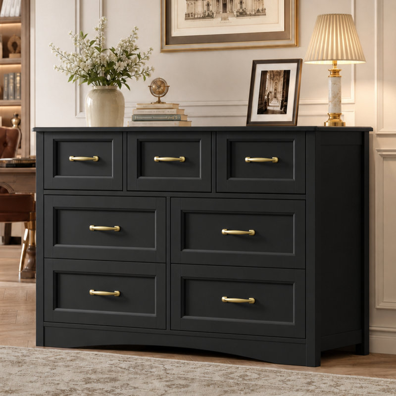 Commode double en bois moderne à 6 tiroirs l 47,2 po Migneco avec poignées en métal et tiroirs coulissants, Noir