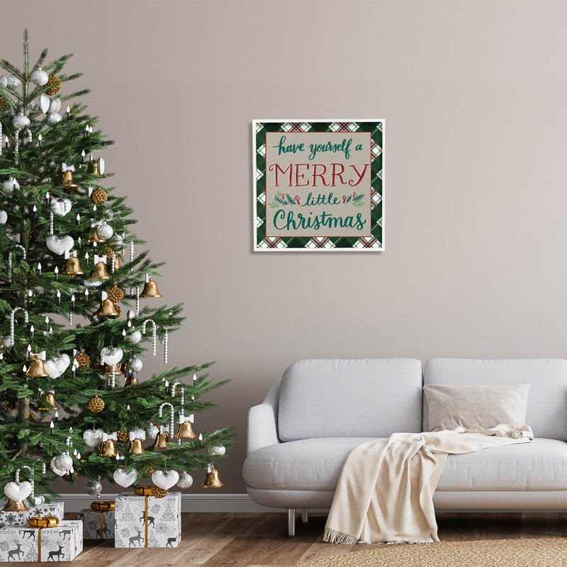 Merry Little Christmas Plaid at-109, H 24 po x l 24 po x P 1,5 po, Giclée encadrée blanc bord de mer