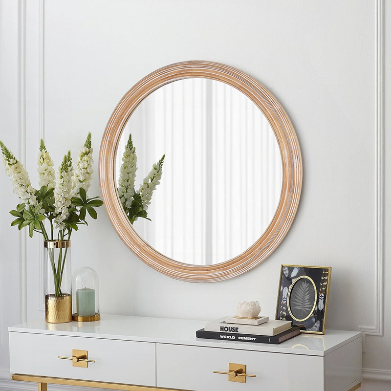 Miroir mural rond à cadre en bois avec détail nervuré, parfait pour un décor bord de mer et maison de campagne, Brun