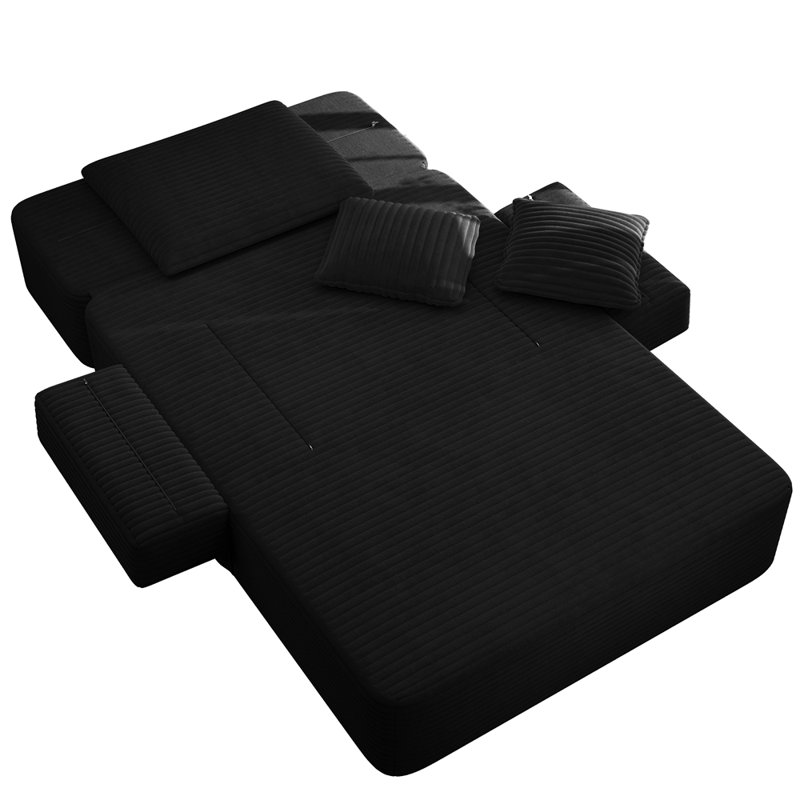 Luxurious Plush Corduroy Chaise Lounge with 3 Pillows, Convertible Sofa Bed with Storage Pocket, Frameless Design & Compression Foam for Small Spaces, Living Room, Apartment