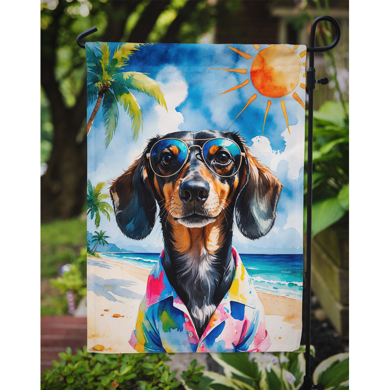 Bouvier bernois avec drapeau de jardin, Teckel