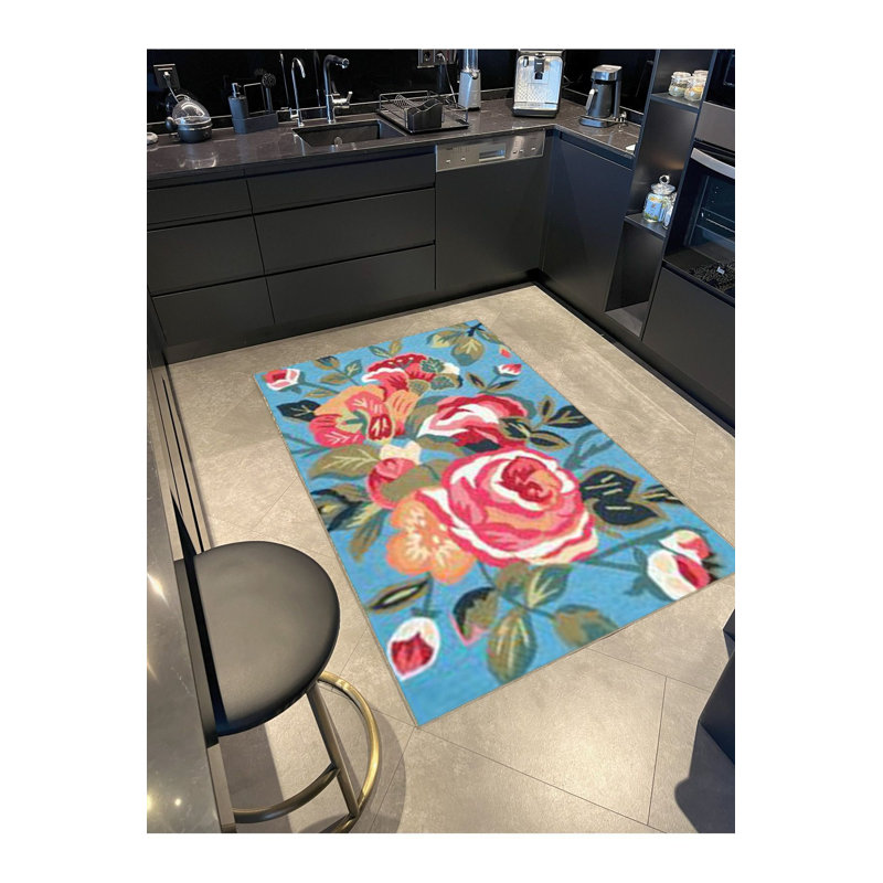 Tapis décoratif bleu, bleu et rouge, Tapis de couloir 2 pi 6 po x 6 pi 7 po 