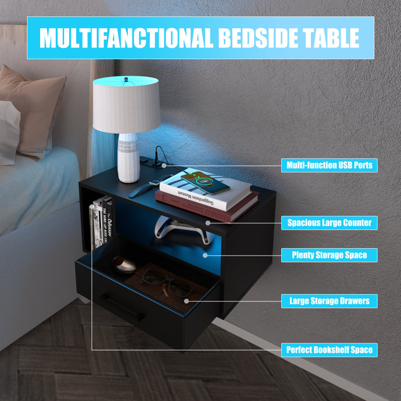 Jorid 21.3''W Floating Nightstand with RGB Lighting, Black
