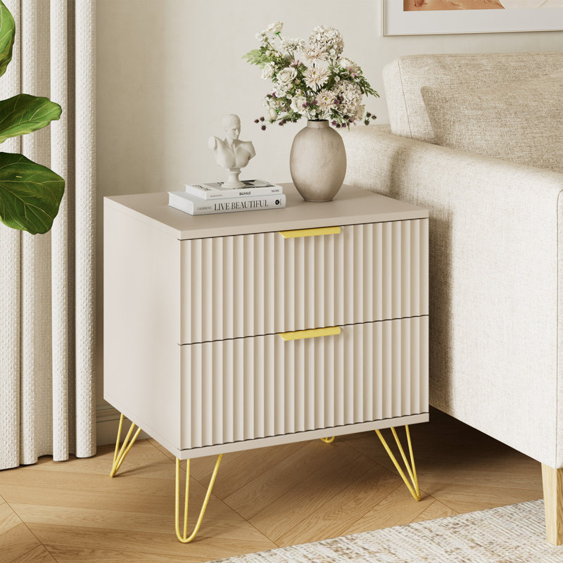 Table de chevet cannelée avec 2 tiroirs, Beige
