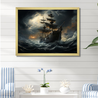 Pirate Ship At Stormy Seas - Art mural encadré pirate