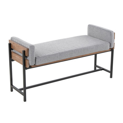 Banc d'entrée rembourré Kari 45,25 po avec cadre en bois et métal, recouvert de tissu gris pâle