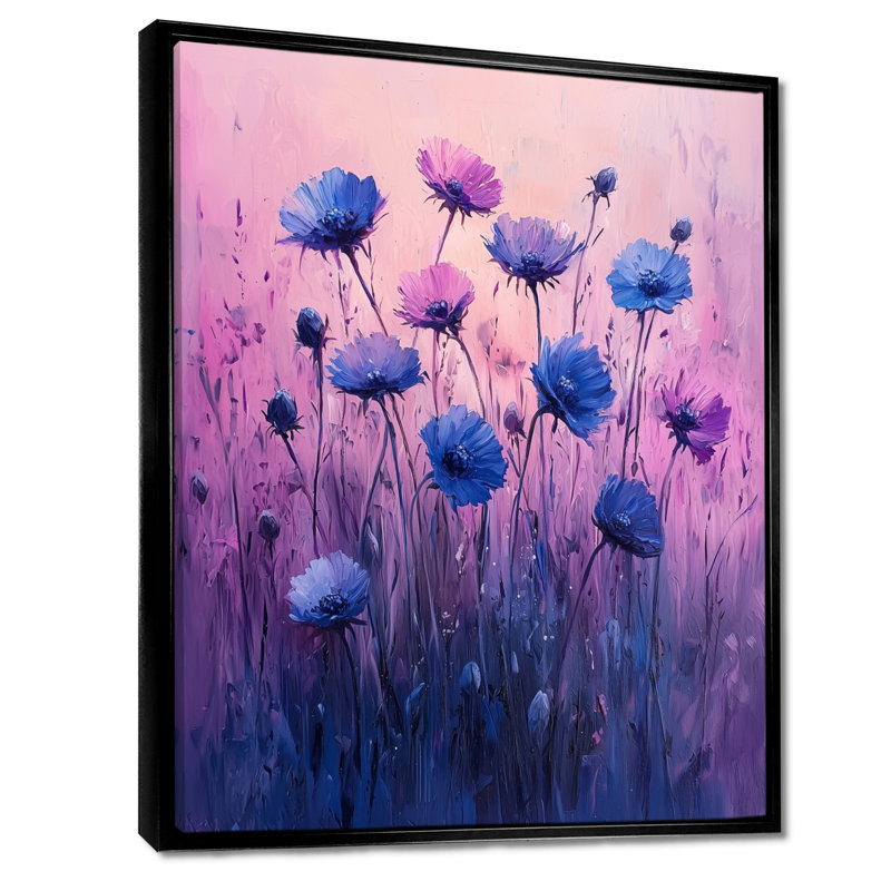 Rêve de champs de bleuet en mauve IV - Art mural bleuets, Noir, Impression encadrée flottante, H 20 po x l 12 po