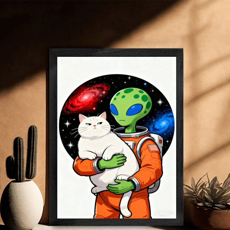 «Alien» encadré noir tenant un joli chat blanc dans l'espace, impressions sur toile de style rétro, H 17 po x l 13 po