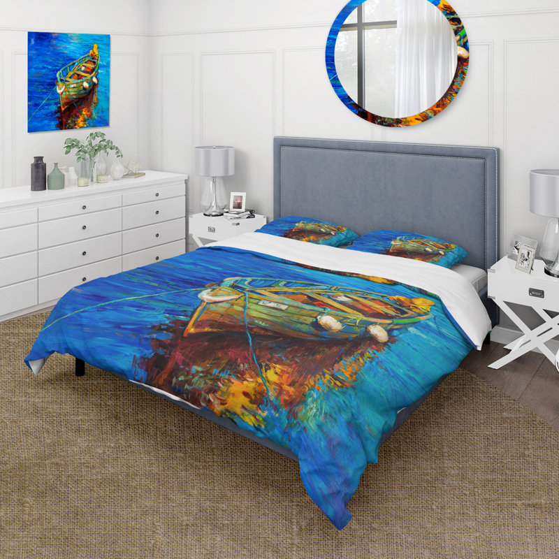 Bateaux qui se reposent sur l'eau pendant le coucher du soleil chaud IV - Ensemble de housse de couette nautique - Microfibre de polyester