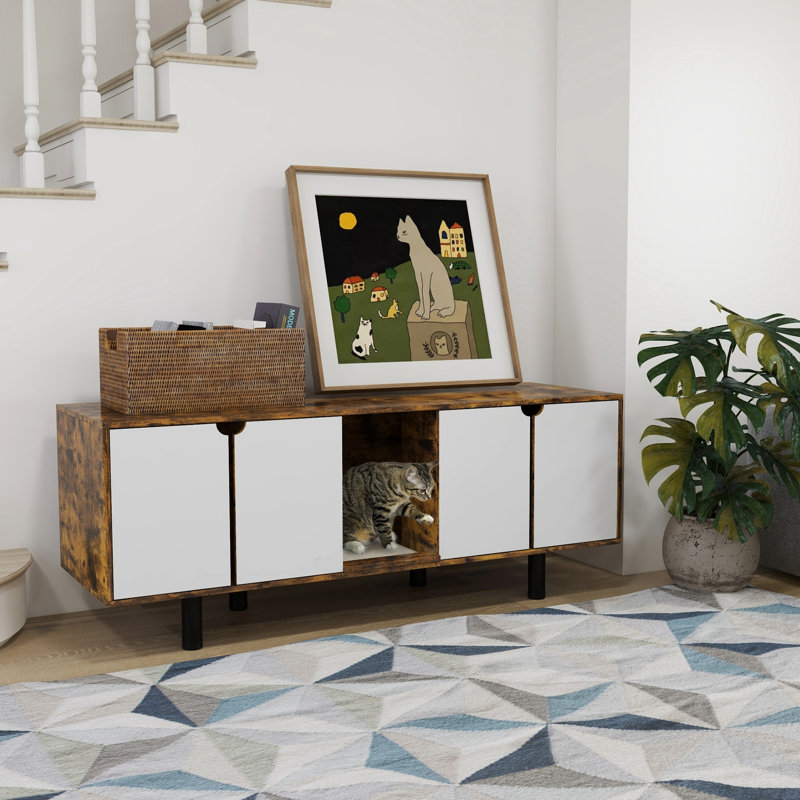 Armoire à litière rustique pour 2 chats. Armoires, tapis de drainage en sable, portes doubles. Ornement d'intérieur pour meuble télé. Compartiment pour chats 57,9 po x 18,9 po x 22,8 po avec portes