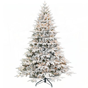 6.5ft Pre-Lit Flocked Artificial Christmas Tree with 450 Warm White Lights, 2225 Tips, PE PVC Hinged Branches, and Foldable Metal Stand
