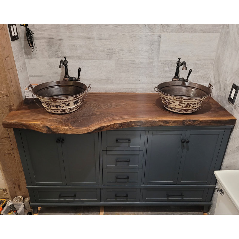 15" Vintage Bucket / Pail Copper Vessel Bathroom Sink with Distressed White Exterior Drain Included