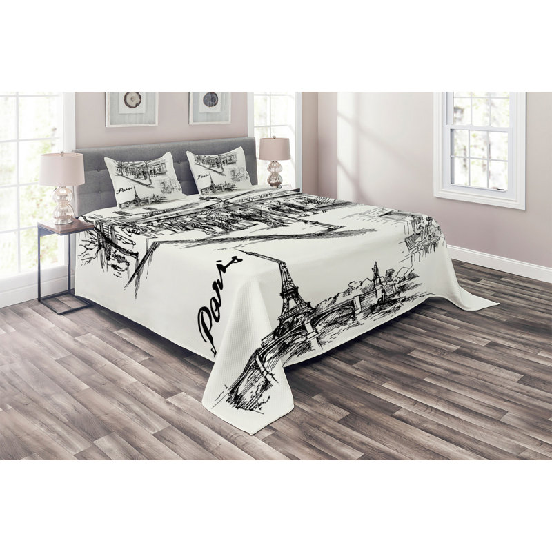 Eiffel Tower Coverlet, King Bedspread + 2 Shams