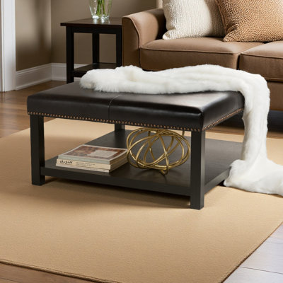Grand banc de repose-pieds carré, table basse avec repose-pieds en simili cuir et pieds en bois massif, repose-pieds surdimensionné pour le salon