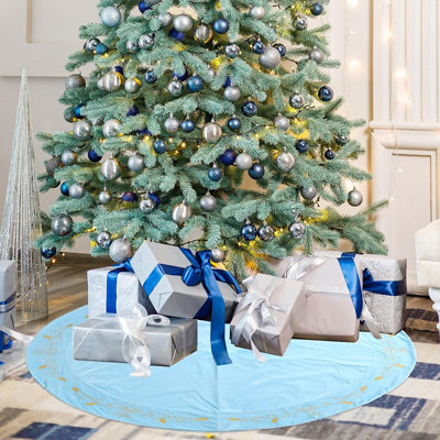 Jupe de sapin de Noël en velours bleu luxueux avec feuilles de houx brodées dorées – Décoration de pied de sapin élégante et moelleuse