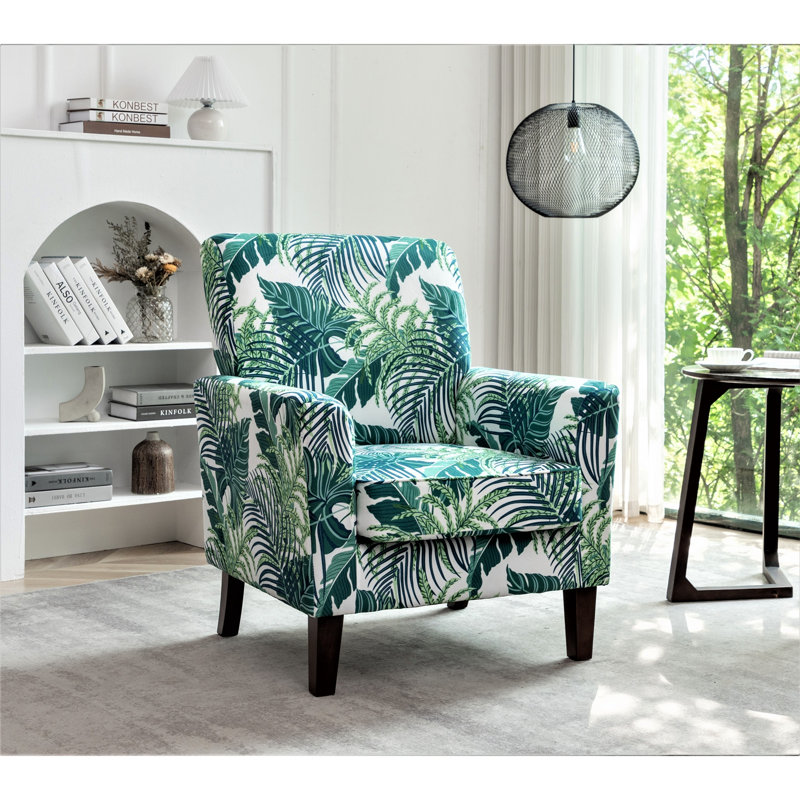Patterned Polyester Blend Armchair, Solid Birch Wood Frame with Brown Tapered Legs