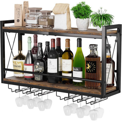 31.4 Inch 2-Tier Wall Mounted Wine Rack With LED Lights, Wooden Metal Hanging Wine Storage Shelf With Glass Holder, Liquor Bottle Display Organizer For Home Bar Kitchen