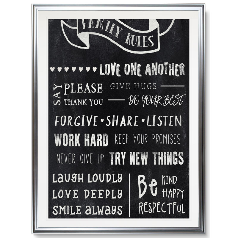 «Chalkboard Rules I», art textuel, H 24 po x l 20 po x 1,5 po, Cadre argenté