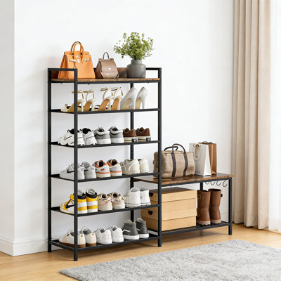 Entryway Shoe Rack Bench Storage Shelf, Industrial Style Free Standing Shoe Boot Rack With Cushion, Special Storage Rack For High Heels, Suitable For Corridors And Cloakrooms