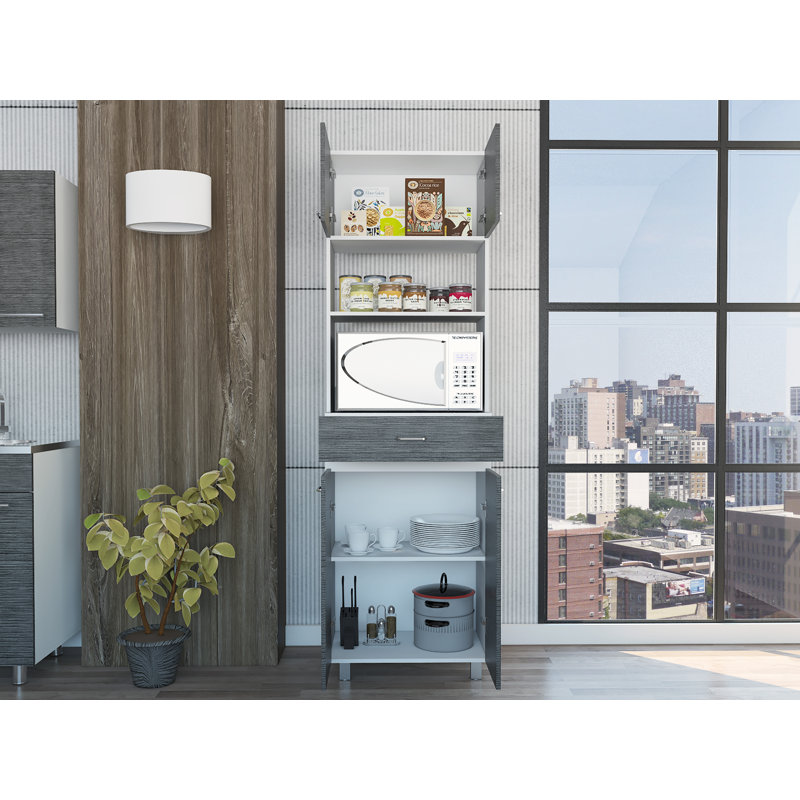 Auburn  Microwave Pantry Cabinet, Two Cabinets, Two Open Shelves, Drawer