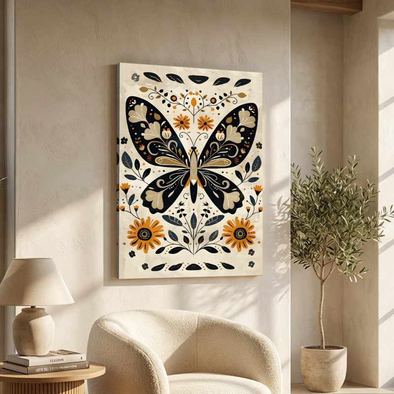 Papillon orné de motifs floraux sur toile - motif complexe - galerie profonde de 1 po - 24 po x 36 po