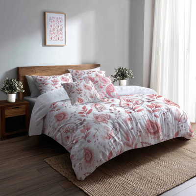 Ensemble de literie 5 pièces French Country - Ensemble de housse de couette et de coussin à motif cachemire délicat rouge et blanc