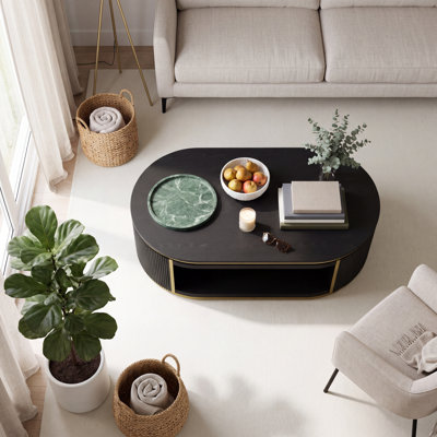 Table basse de 50 po en bois massif noir ovale avec rangement, centre de salon Mid-Century entièrement assemblé avec bordure dorée brossée et base cannelée
