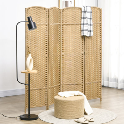 Paravent à 4 panneaux, paravent de 5,6 pi pour la maison. Thème en bois naturel avec motif tissé à la main. Chambre polyvalente, bureau. Fabriqué à partir d'une structure solide et de sangles en polypropylène. Léger et pliable