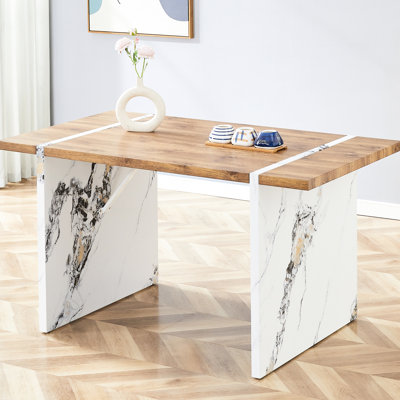 Table de salle à manger à densité moyenne de 55 po x 31,5 po, rencontre l'élégance, plateau en placage de bois, pieds en marbre, peu d'entretien, installation sans effort, pouces blancs, mélange d'élégance, amplement d'espace pour 4