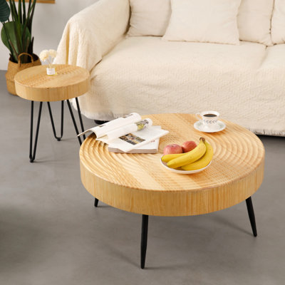Round Wood Coffee Table Set Of 2, Farmhouse Nesting Table W/Fluted Finish, Boho Circle Center Table For Living Room Tiny Home