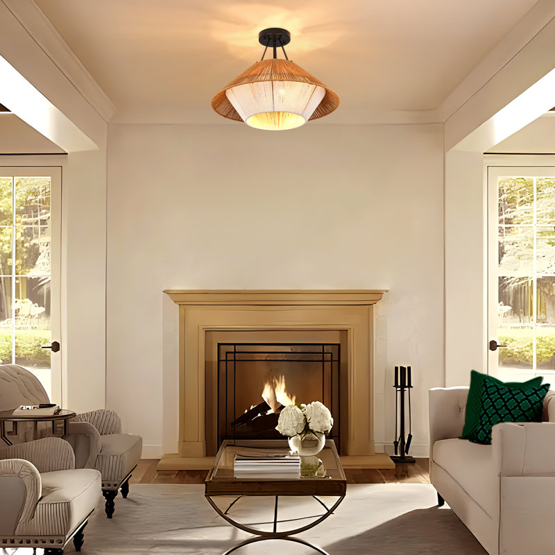 3-Light Natural Rattan Semi Flush Mount Light