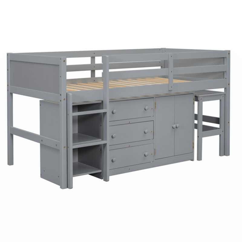 Lit mezzanine simple simple avec bureau coulissant, tiroirs, armoire et tablettes, Gris