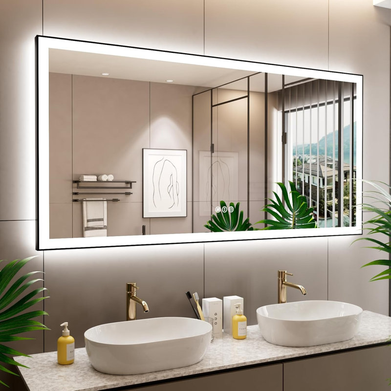 Miroir de salle de bain à DEL avec cadre noir, rétro-éclairé et miroirs de salle de bain éclairés, 72 po x 36 po
