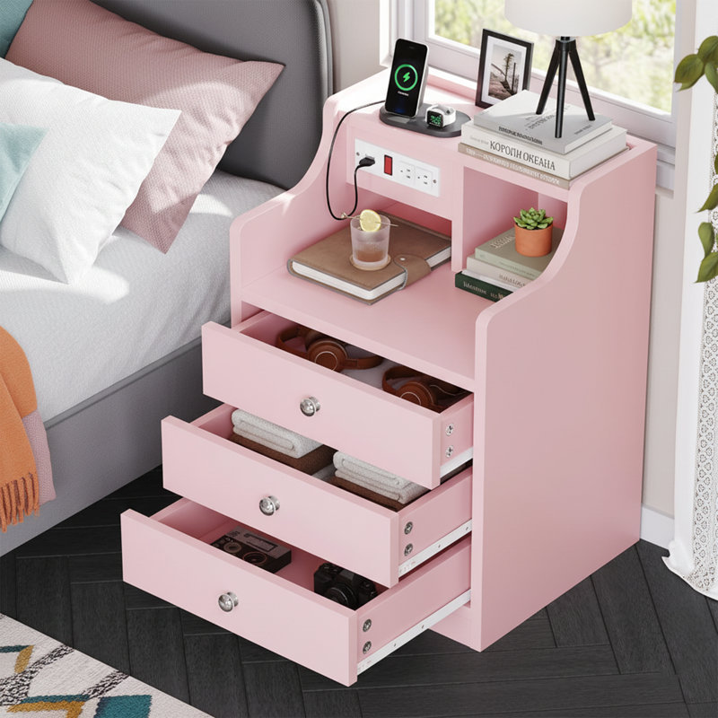 Table de chevet blanche de 17,7 po de largeur - Station de charge, dessus de huche, 3 tiroirs de rangement - Design moderne
