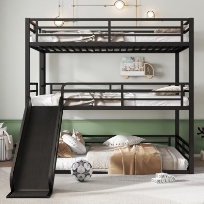 Lit superposé triple grand au-dessus de grand lit avec glissoire, lit mezzanine en métal robuste avec garde-corps de sécurité et conception à bruit réduit, peu encombrant pour les enfants et les adolescents, noir