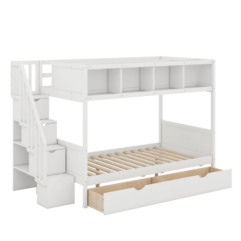 Lit simple superposé au dessus d'un lit double avec tablettes, escalier de rangement et 2 tiroirs, Blanc
