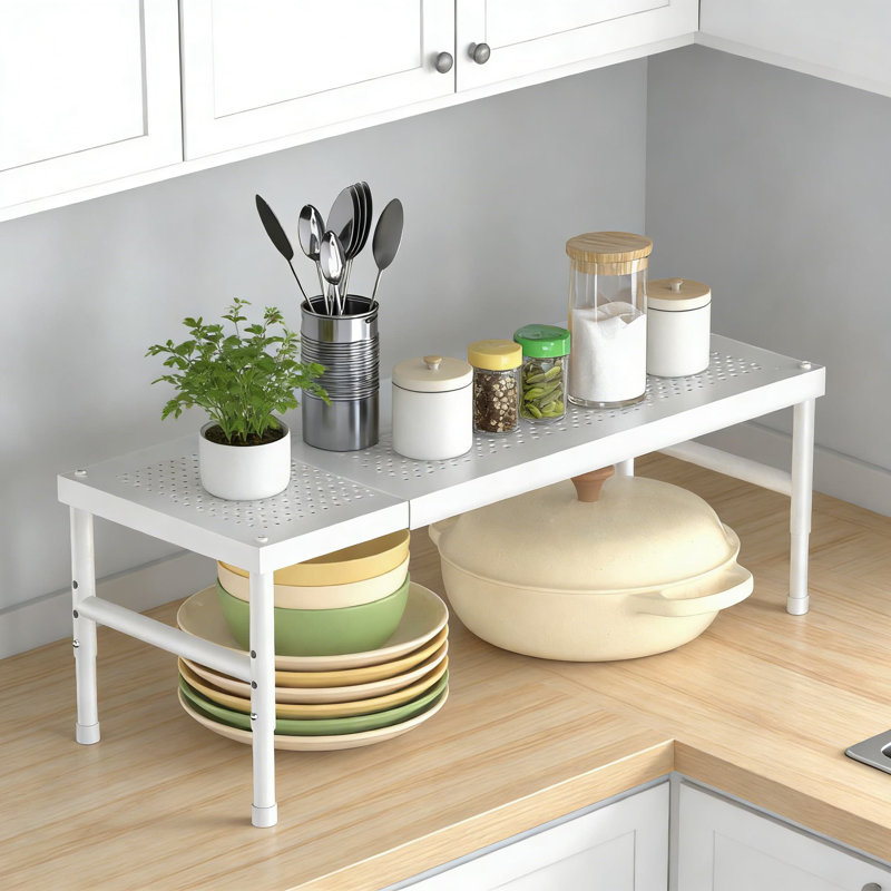 Expandable And Stackable Kitchen Organizer Rack, Adjustable Metal Pantry Shelf For Cabinet, Countertop, And Bathroom Storage