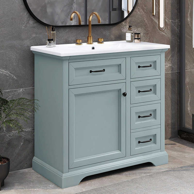 Meuble-lavabo 36 po avec lavabo, lavabo en céramique, 2 tiroirs basculants, charnières de porte à fermeture en douceur, gris