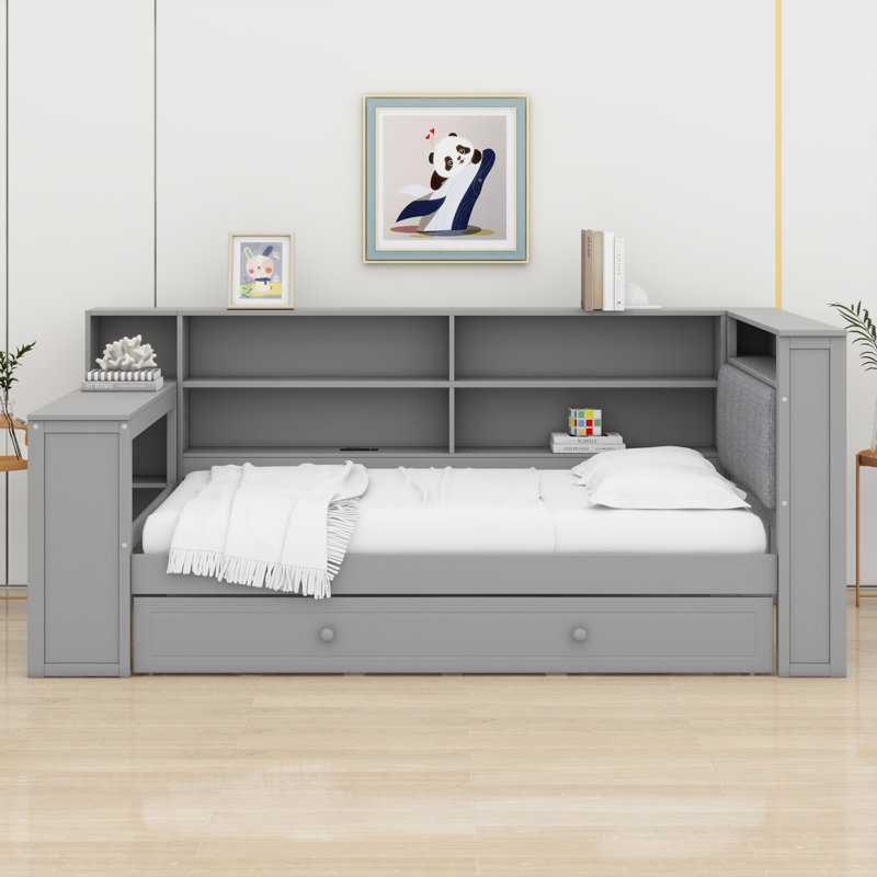 Wood Platform Bed with Upholstered Headboard, LED Lights, Charging Station, Storage Shelves, Trundle Bed & Desk
