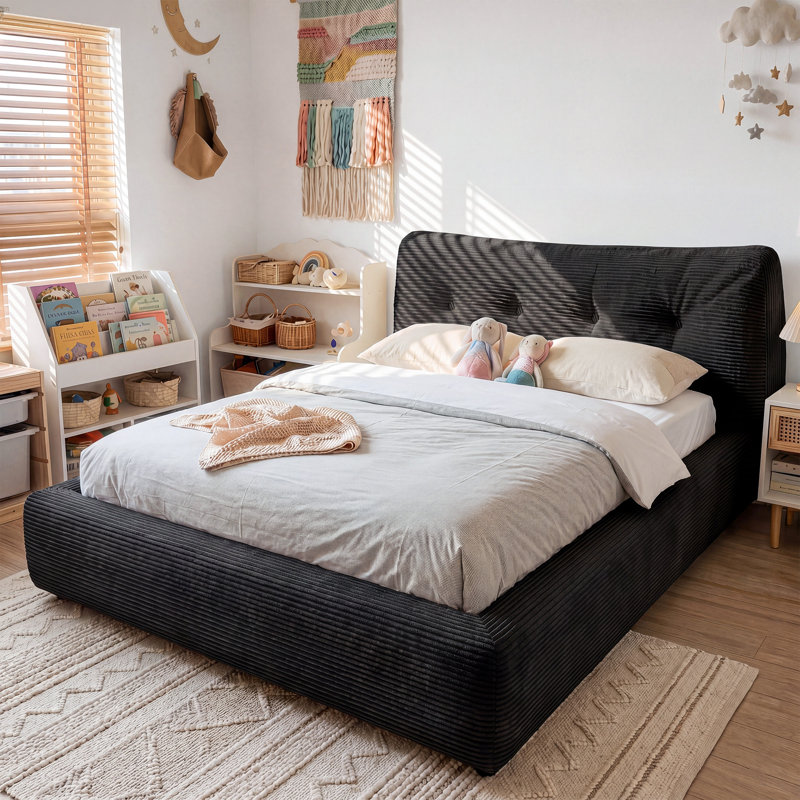 Cloud Corduroy Bed Frame, Soft Upholstered Platform Bed with Thick Padded Headboard & Bolster Pillow, Cloud-Like Cozy Comfort & Easy Assembly