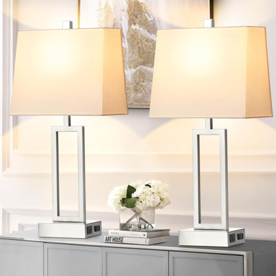 Touch Control Table Lamps For Living Room, 3-Way Dimmable Modern Table Lamp With USB A+C Charging Ports & AC Outlets, Bedside Contemporary Nightstand Desk Lamps With Fabric White Shade For Bedrooms