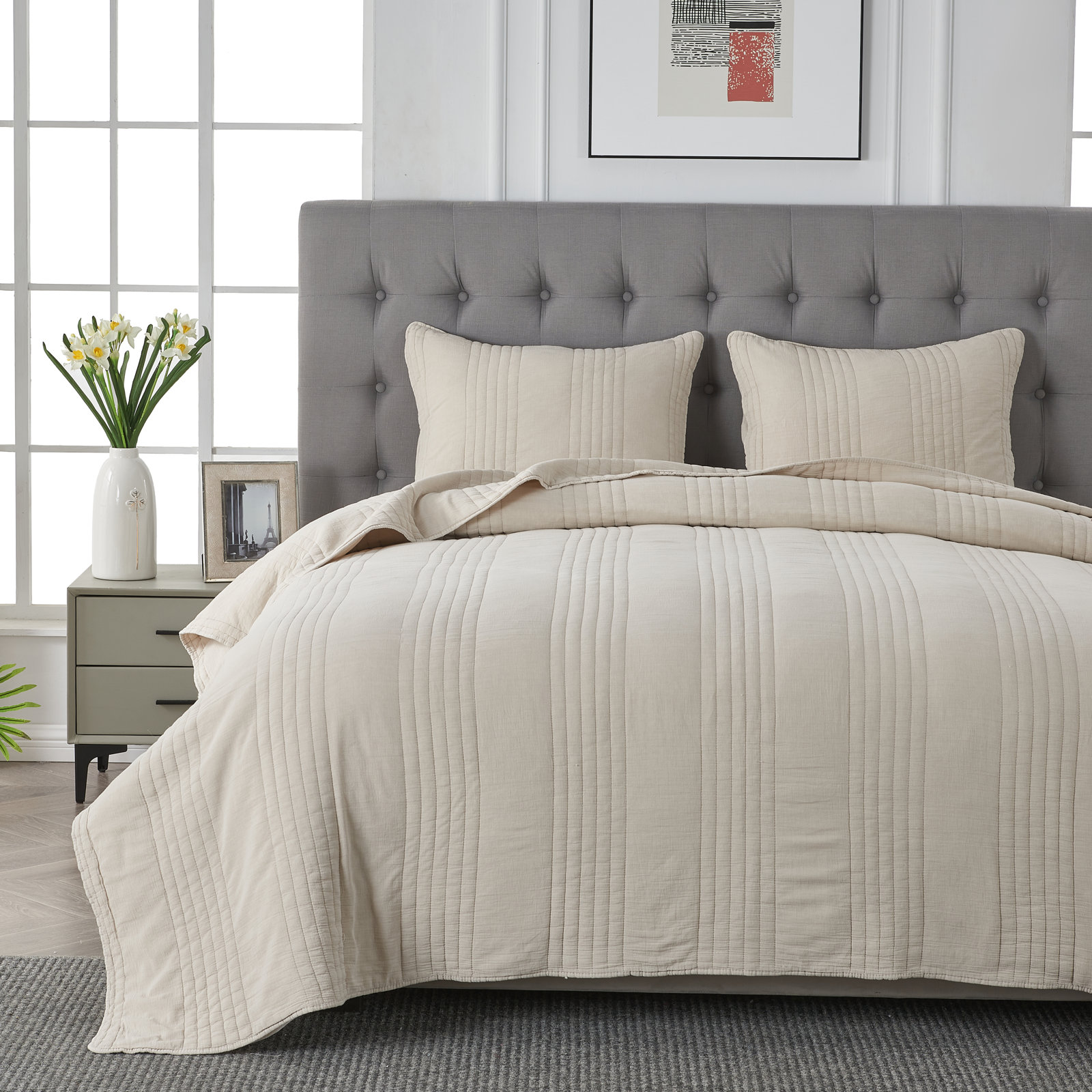 Cotton Quilt Set, King Quilt + 2 King Shams, Light Khaki