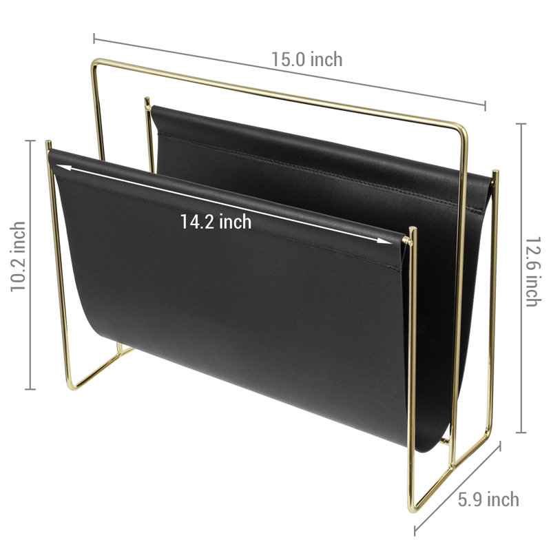 Floor Standing Magazine Rack – Black Faux Leather & Brass Metal Newspaper Holder, Modern Sling Storage Basket