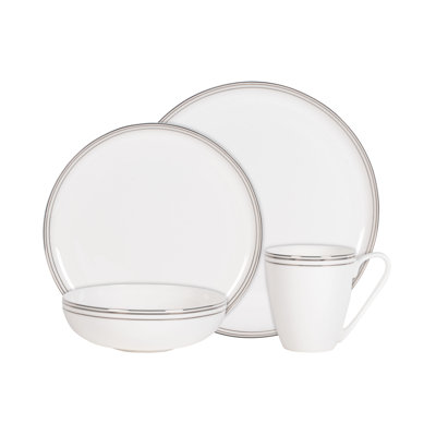 Fitz and Floyd Nevaeh White Coupe Platinum 16-Piece Bone China Dinnerware Set, Service for 4