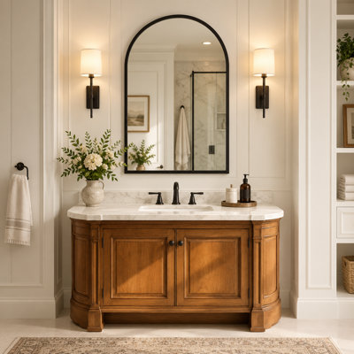 24x36 Inch Metal Framed Arched Wall Mirror, Black Bathroom Vanity Mirror, Hd Tempered Glass