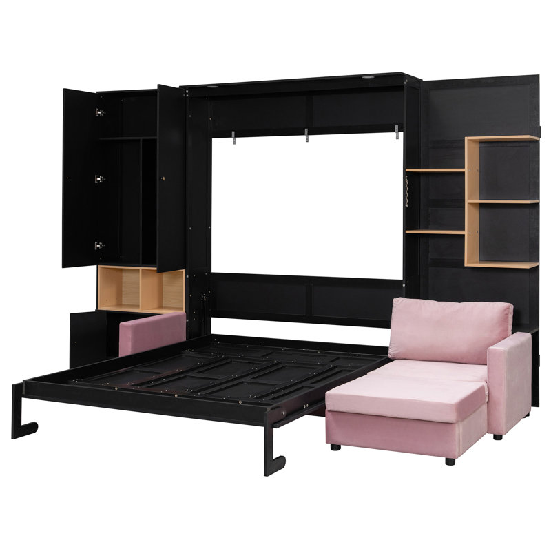 Grand lit intelligent avec tablettes intégrées, ouvertes et doubles lumières, noir et rose pour les bureaux à domicile, conception murale peu encombrante, grand